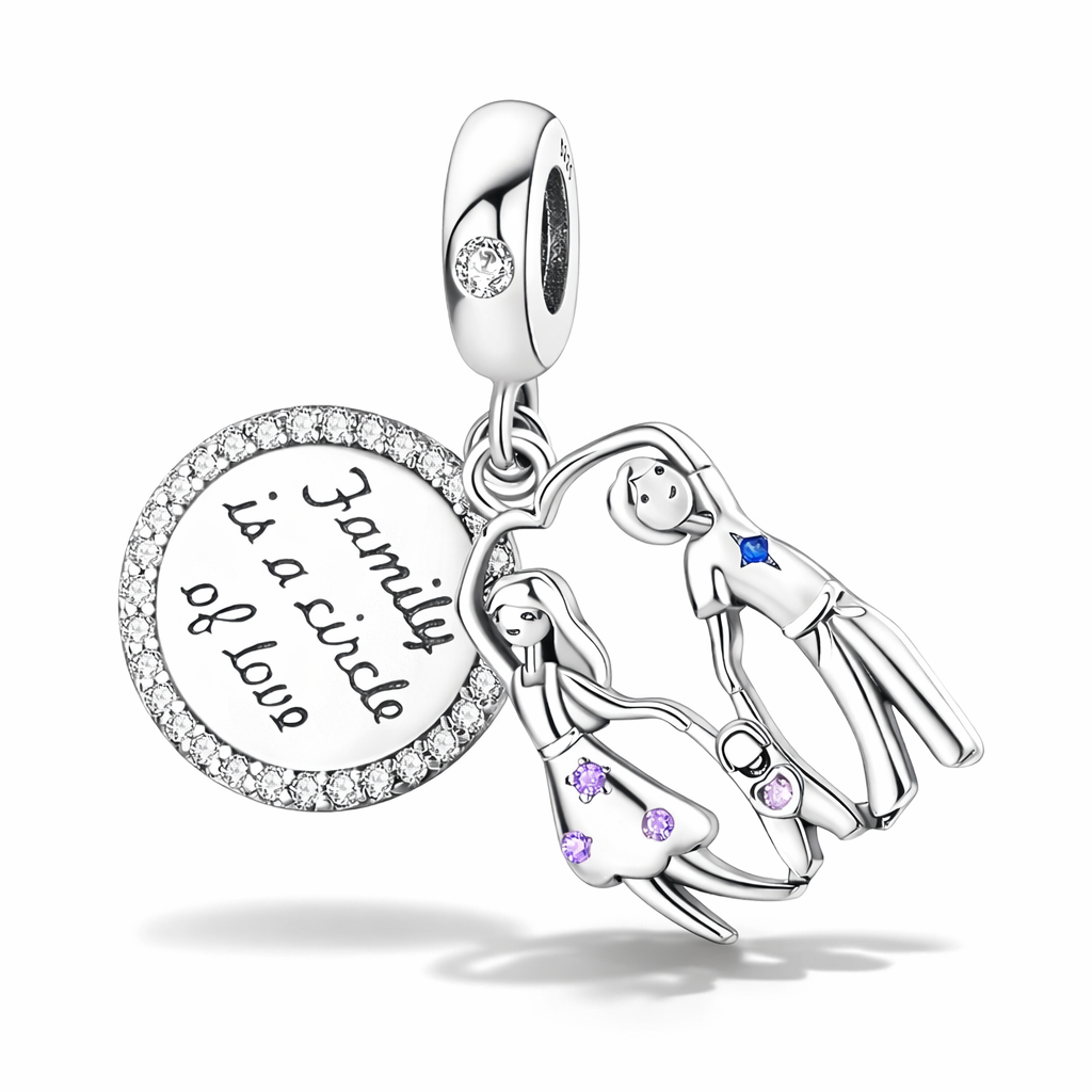 MariaFonte Bead Charm Ciondolo  Pendente Famiglia "Family is a Cicle of Love" Argento 925 Zirconia Compatibile con Collane e Bracciali Pandora