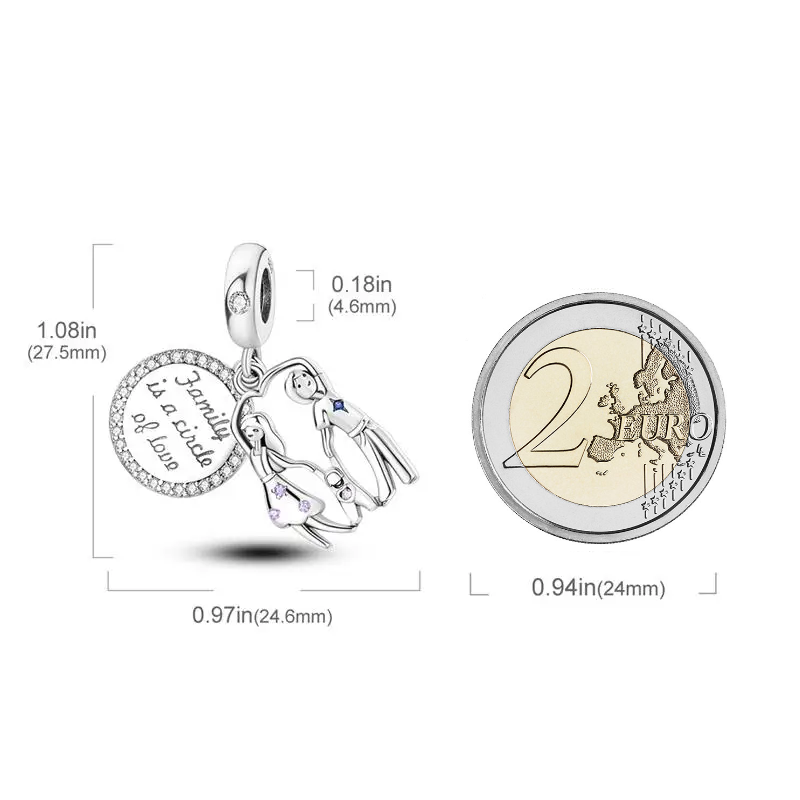 MariaFonte Bead Charm Ciondolo  Pendente Famiglia "Family is a Cicle of Love" Argento 925 Zirconia Compatibile con Collane e Bracciali Pandora