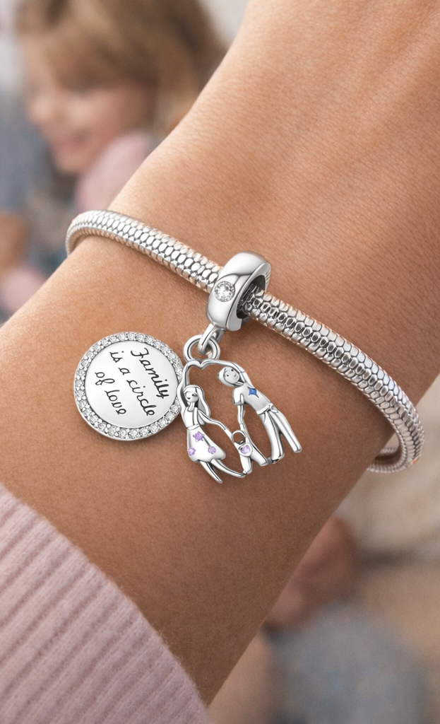 MariaFonte Bead Charm Ciondolo  Pendente Famiglia "Family is a Cicle of Love" Argento 925 Zirconia Compatibile con Collane e Bracciali Pandora