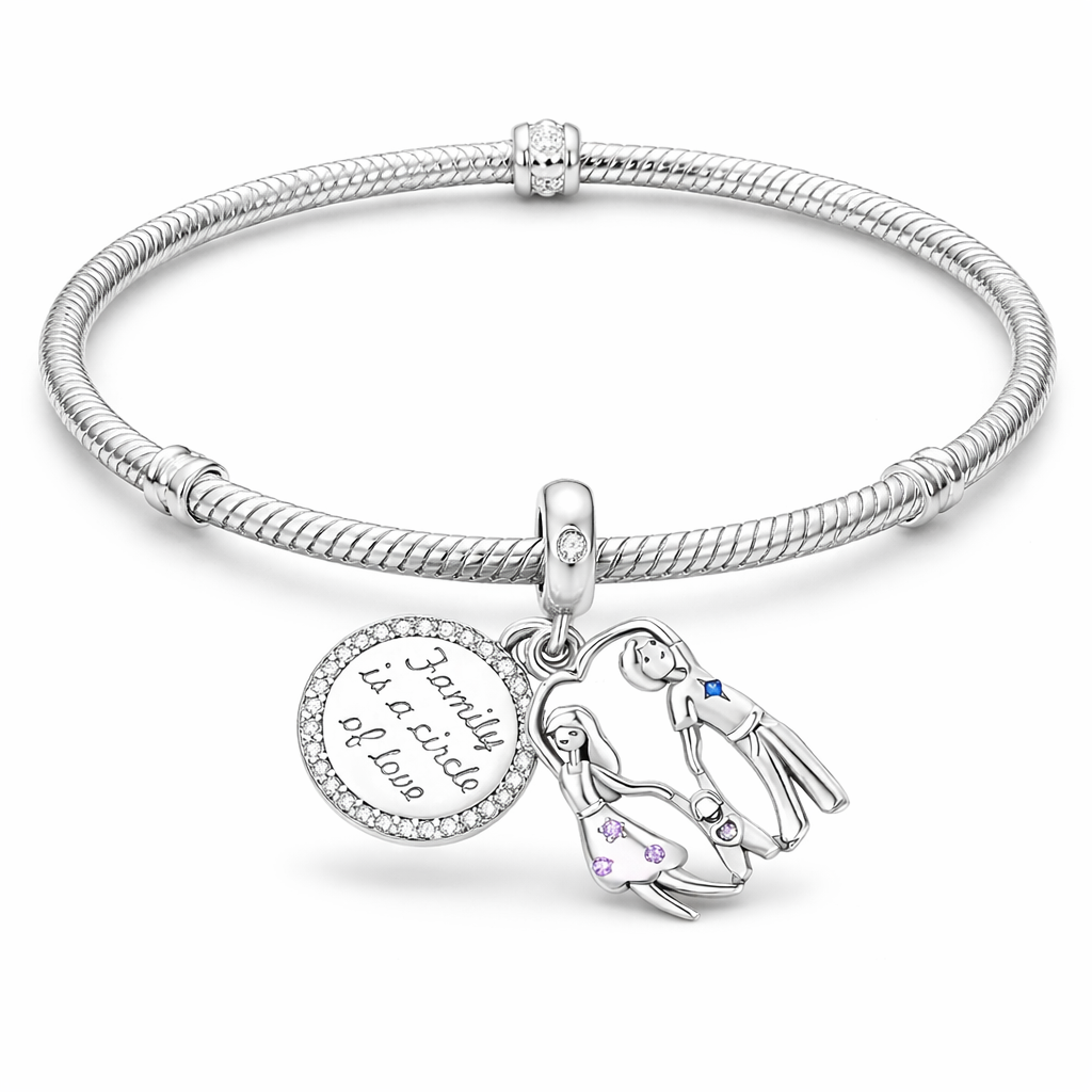 MariaFonte Bead Charm Ciondolo  Pendente Famiglia "Family is a Cicle of Love" Argento 925 Zirconia Compatibile con Collane e Bracciali Pandora