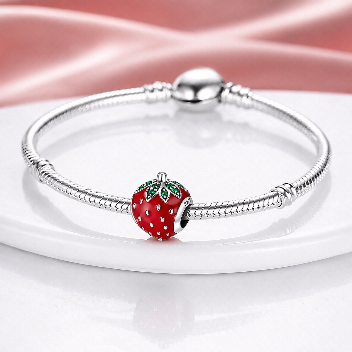 MariaFonte Bead Charm Fragola in Argento 925 con Zirconia Compatibile con Collane e Bracciali Pandora