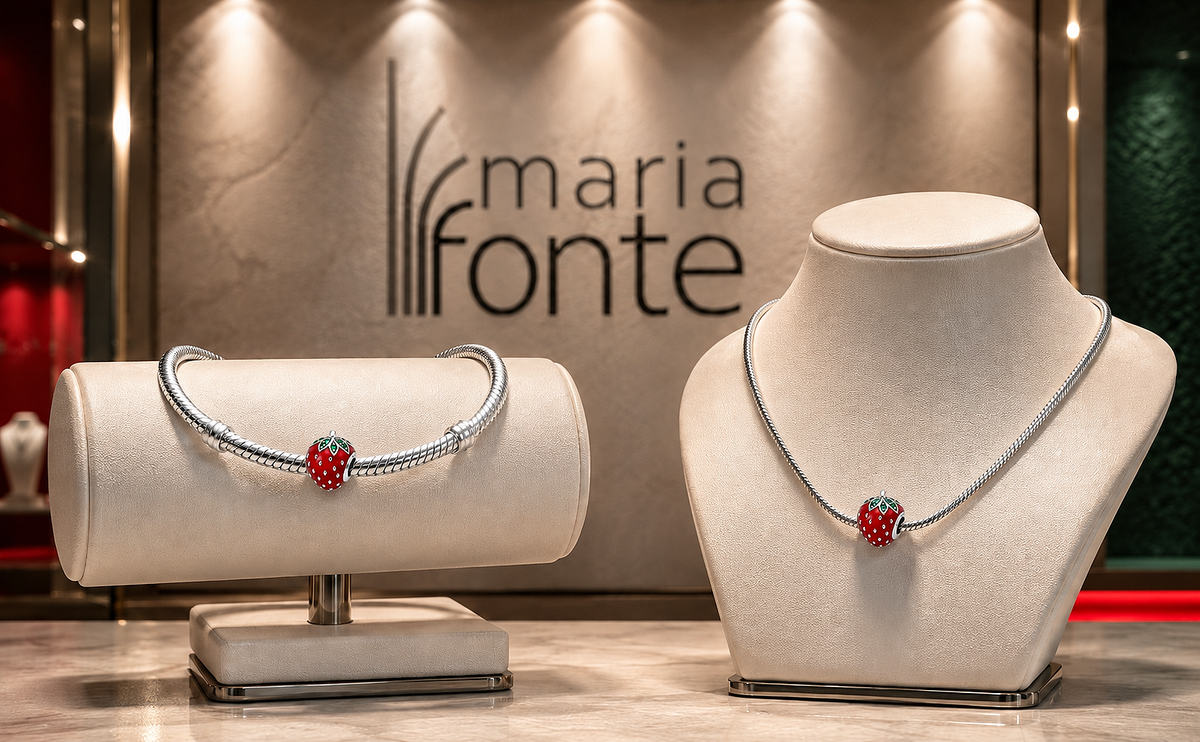 MariaFonte Bead Charm Fragola in Argento 925 con Zirconia Compatibile con Collane e Bracciali Pandora