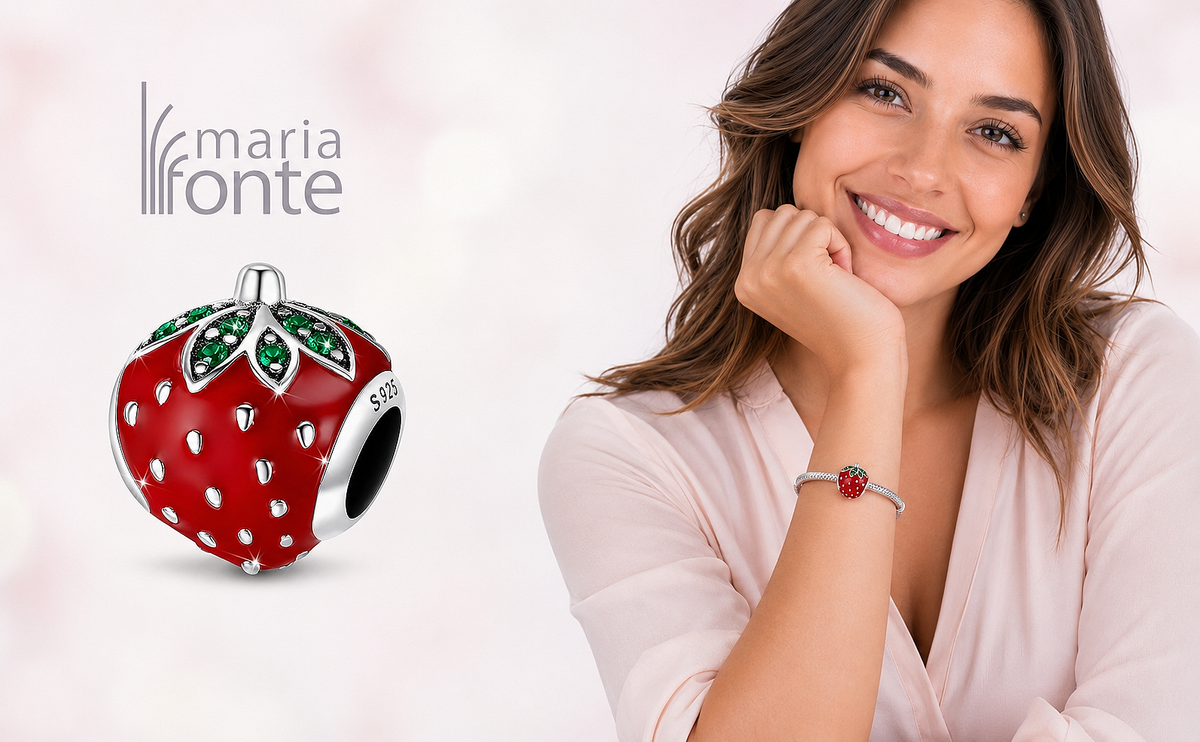 MariaFonte Bead Charm Fragola in Argento 925 con Zirconia Compatibile con Collane e Bracciali Pandora