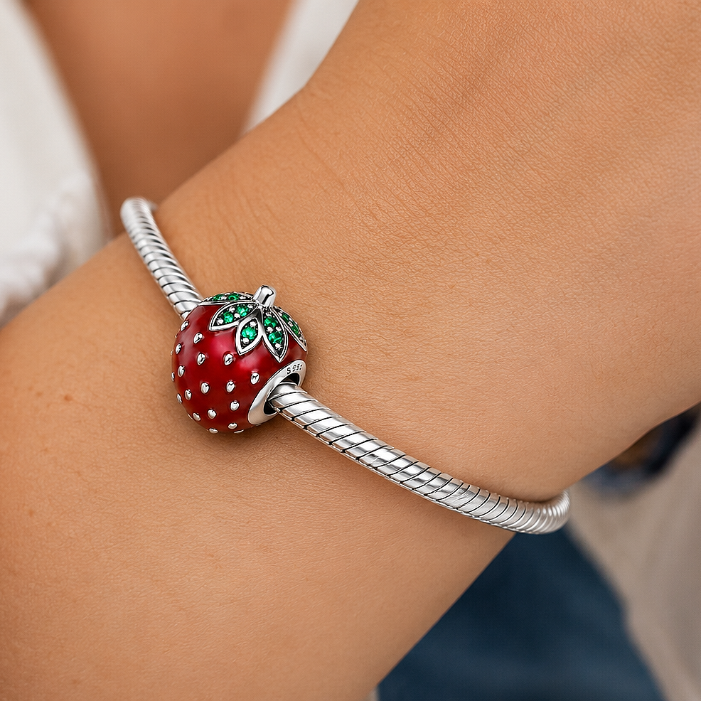 MariaFonte Bead Charm Fragola in Argento 925 con Zirconia Compatibile con Collane e Bracciali Pandora
