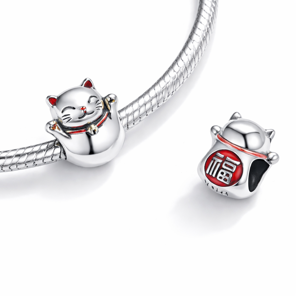 Maria Fonte-Bead Charm Ciondolo Gatto Giapponese Portafortuna (Maneki Neko) in Argento  925 Compatibile con Collane e Bracciali Pandora