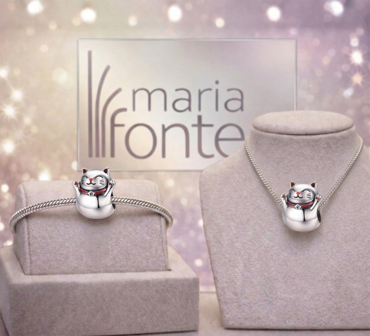 Maria Fonte-Bead Charm Ciondolo Gatto Giapponese Portafortuna (Maneki Neko) in Argento  925 Compatibile con Collane e Bracciali Pandora