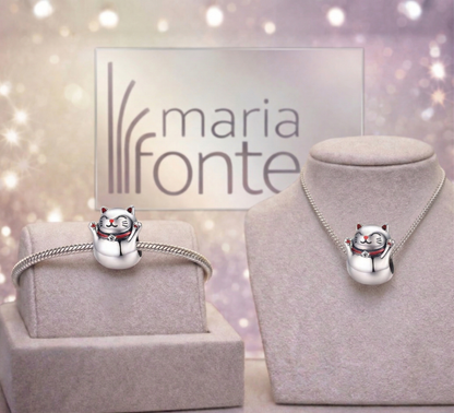 Maria Fonte-Bead Charm Ciondolo Gatto Giapponese Portafortuna (Maneki Neko) in Argento  925 Compatibile con Collane e Bracciali Pandora