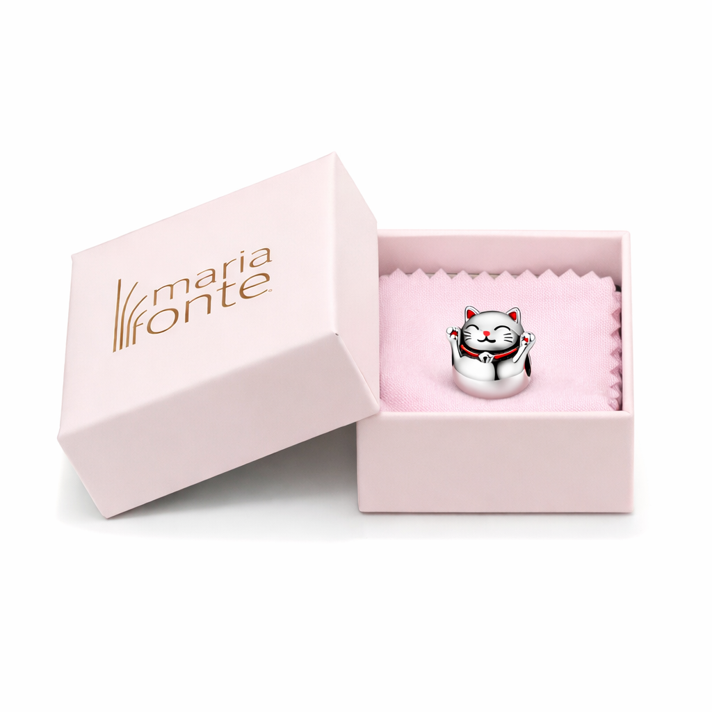 Maria Fonte-Bead Charm Ciondolo Gatto Giapponese Portafortuna (Maneki Neko) in Argento  925 Compatibile con Collane e Bracciali Pandora