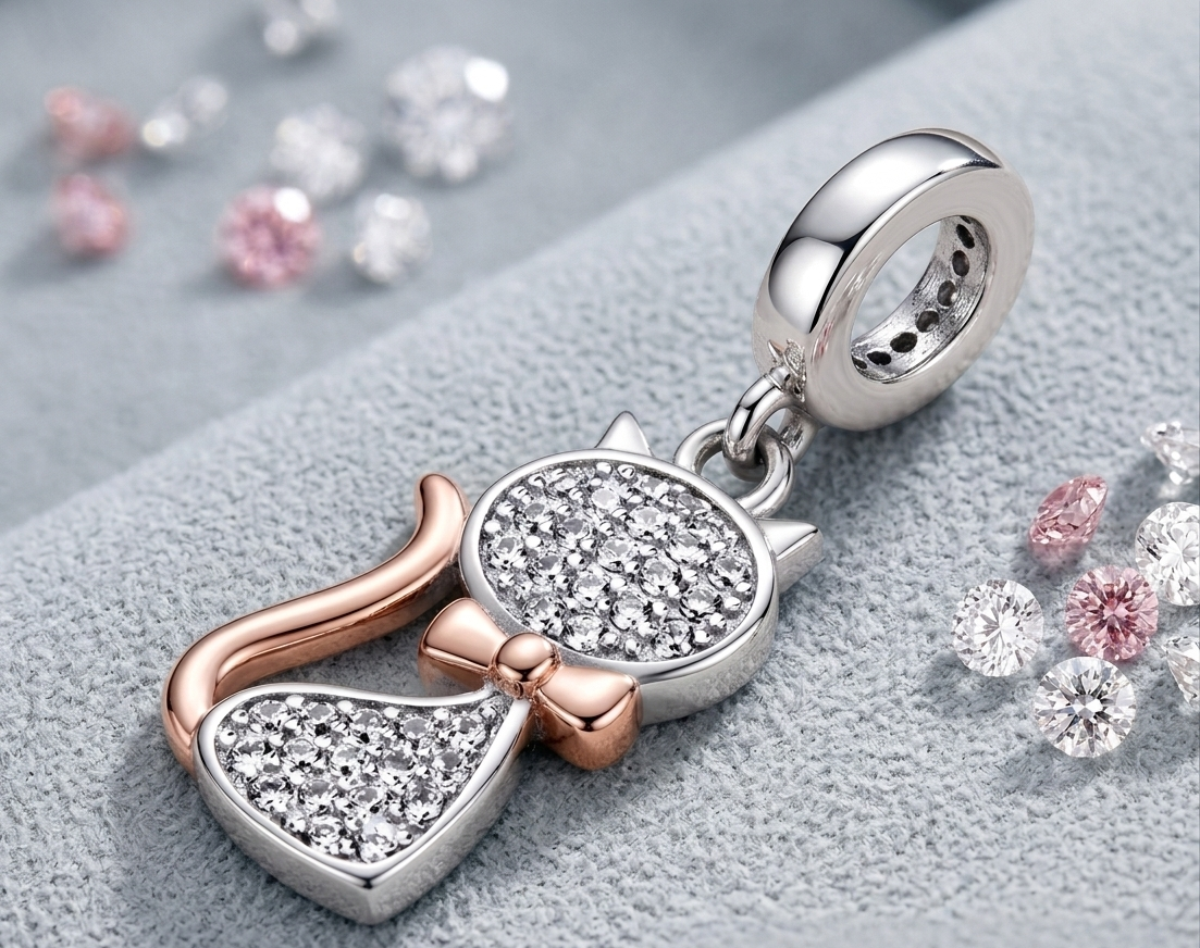 Maria Fonte Bead Charm Ciondolo Gatto in Argento 925 con Zirconia Compatibile con Collane e Bracciali Pandora