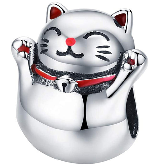 Maria Fonte-Bead Charm Ciondolo Gatto Giapponese Portafortuna (Maneki Neko) in Argento  925 Compatibile con Collane e Bracciali Pandora