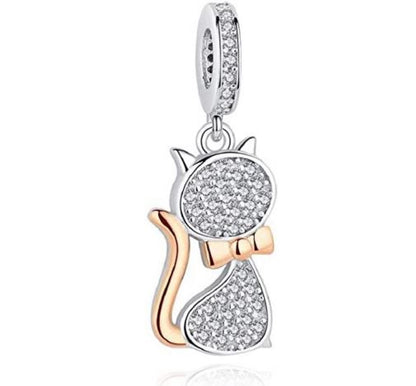 Maria Fonte Bead Charm Ciondolo Gatto in Argento 925 con Zirconia Compatibile con Collane e Bracciali Pandora