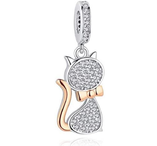Maria Fonte Bead Charm Ciondolo Gatto in Argento 925 con Zirconia Compatibile con Collane e Bracciali Pandora