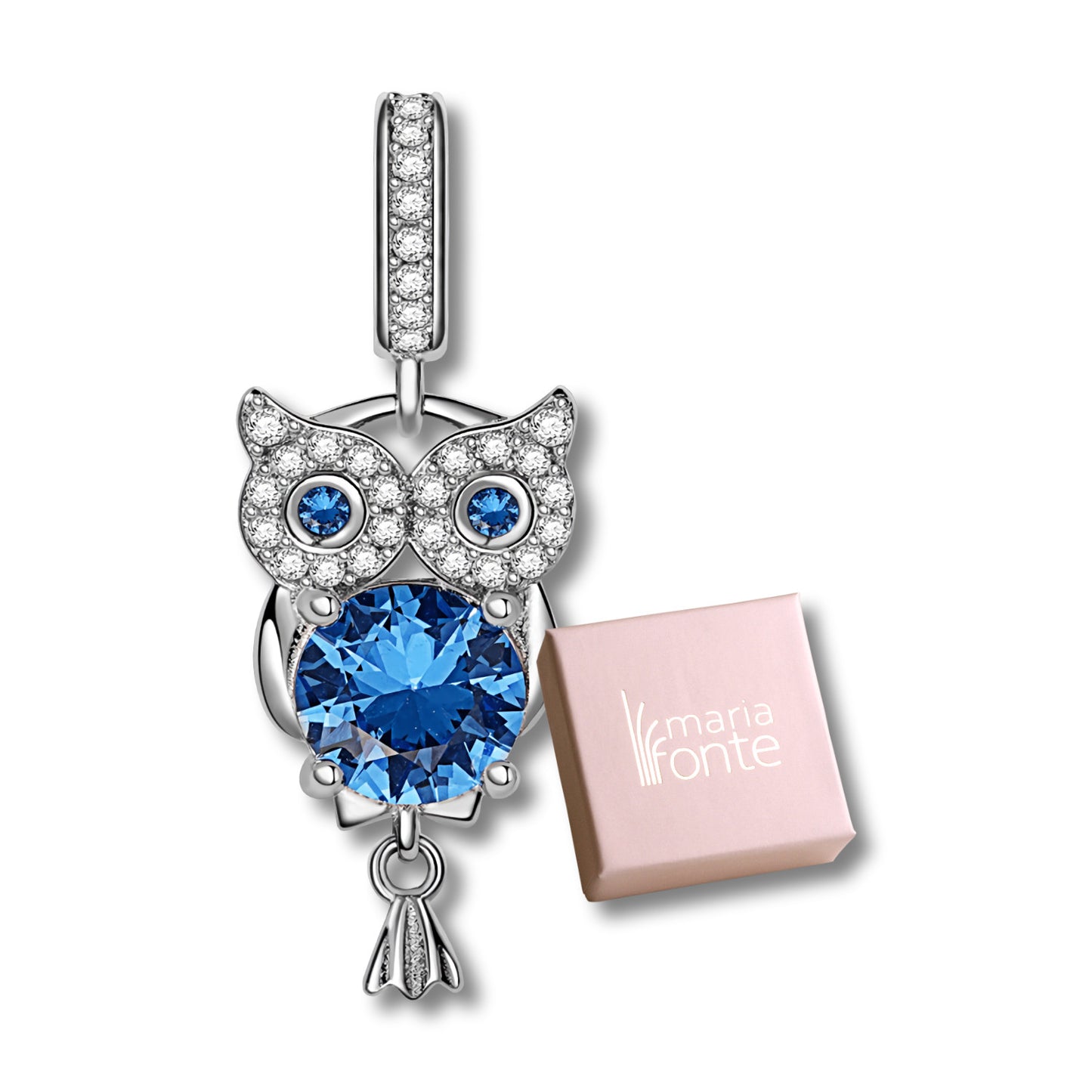 MariaFonte Charm Gufo Blu Portafortuna in Argento 925 e Zirconia Compatibile con Collane e Bracciali