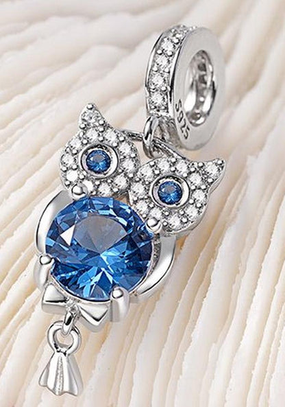 MariaFonte Charm Gufo Blu Portafortuna in Argento 925 e Zirconia Compatibile con Collane e Bracciali