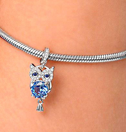 MariaFonte Charm Gufo Blu Portafortuna in Argento 925 e Zirconia Compatibile con Collane e Bracciali