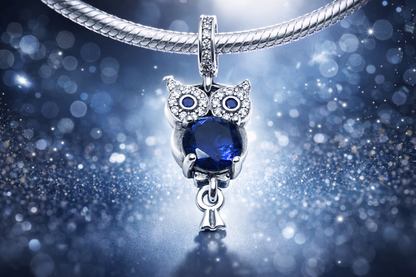 MariaFonte Charm Gufo Blu Portafortuna in Argento 925 e Zirconia Compatibile con Collane e Bracciali