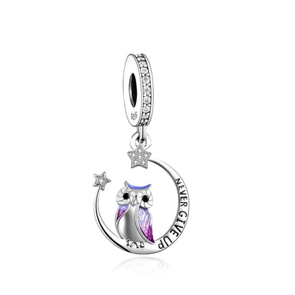 MariaFonte Charm Ciondolo Pendente Portafortuna Gufo Never Give Up (Non Mollare Mai) in Argento 925 Compatibile con Collane e Bracciali Pandora