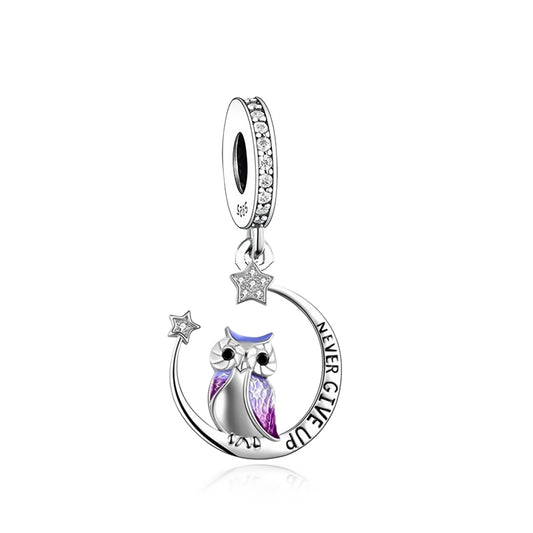 MariaFonte Charm Ciondolo Pendente Portafortuna Gufo Never Give Up (Non Mollare Mai) in Argento 925 Compatibile con Collane e Bracciali Pandora