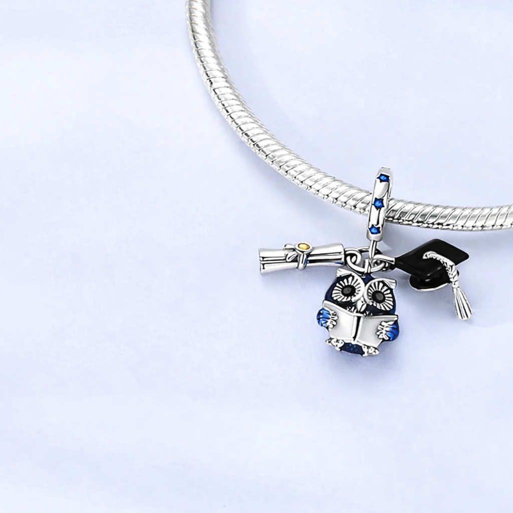 MariaFonte Charm Laurea Diploma Pergamena Gufo Libro Cappello in Argento Compatibile con Collane e Bracciali Pandora