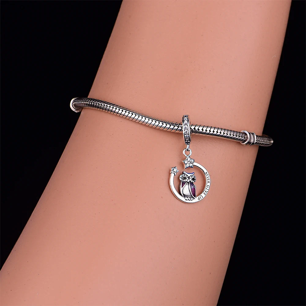 MariaFonte Charm Ciondolo Pendente Portafortuna Gufo Never Give Up (Non Mollare Mai) in Argento 925 Compatibile con Collane e Bracciali Pandora