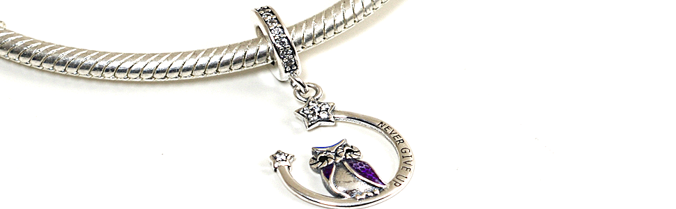 MariaFonte Charm Ciondolo Pendente Portafortuna Gufo Never Give Up (Non Mollare Mai) in Argento 925 Compatibile con Collane e Bracciali Pandora