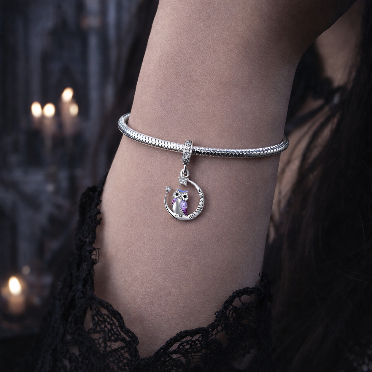 MariaFonte Charm Ciondolo Pendente Portafortuna Gufo Never Give Up (Non Mollare Mai) in Argento 925 Compatibile con Collane e Bracciali Pandora