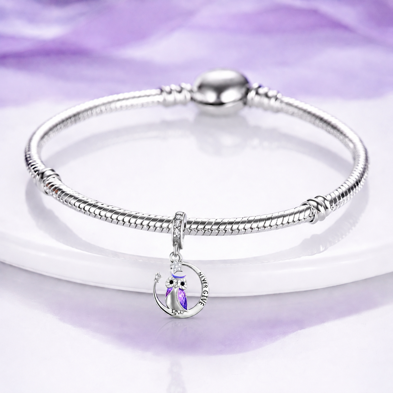 MariaFonte Charm Ciondolo Pendente Portafortuna Gufo Never Give Up (Non Mollare Mai) in Argento 925 Compatibile con Collane e Bracciali Pandora