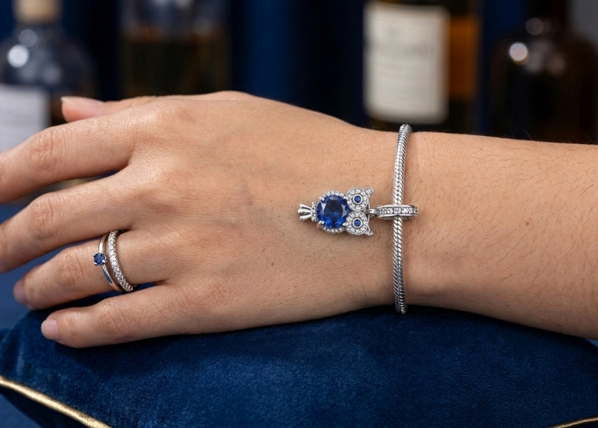 MariaFonte Charm Gufo Blu Portafortuna in Argento 925 e Zirconia Compatibile con Collane e Bracciali