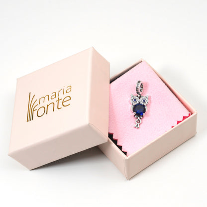 MariaFonte Charm Gufo Blu Portafortuna in Argento 925 e Zirconia Compatibile con Collane e Bracciali