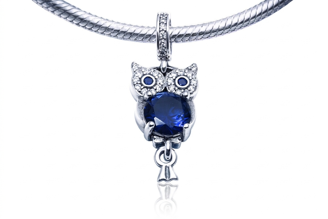MariaFonte Charm Gufo Blu Portafortuna in Argento 925 e Zirconia Compatibile con Collane e Bracciali