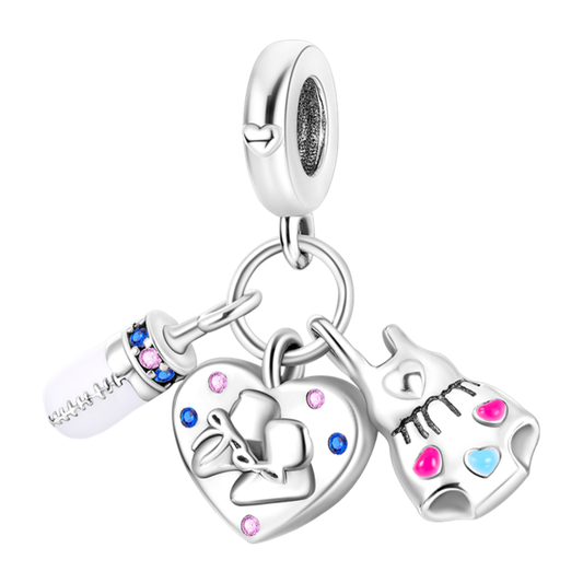 MariaFonte Bead Charm Cuore Scarpette Biberon Body Bambini  Argento 925 Zirconia Compatibile con Collane e Bracciali Pandora