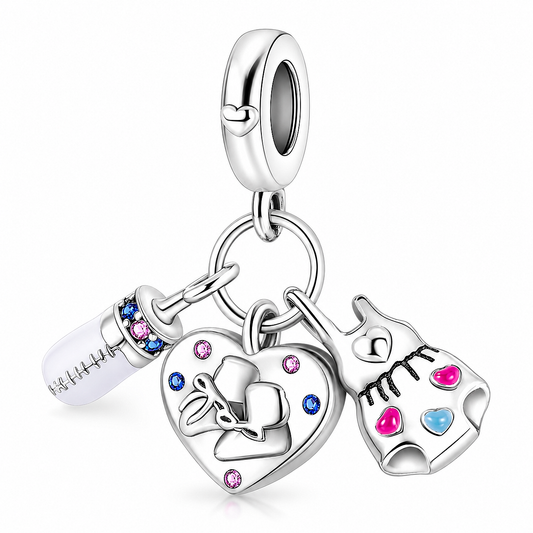 MariaFonte Bead Charm Cuore Scarpette Biberon Body Bambini  Argento 925 Zirconia Compatibile con Collane e Bracciali Pandora