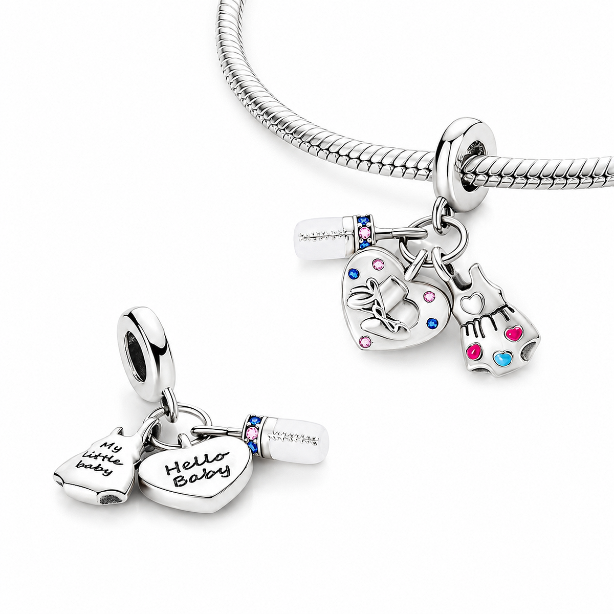 MariaFonte Bead Charm Cuore Scarpette Biberon Body Bambini  Argento 925 Zirconia Compatibile con Collane e Bracciali Pandora
