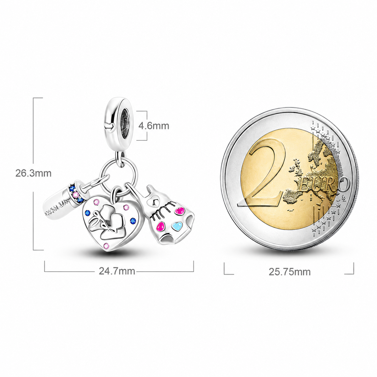 MariaFonte Bead Charm Cuore Scarpette Biberon Body Bambini  Argento 925 Zirconia Compatibile con Collane e Bracciali Pandora
