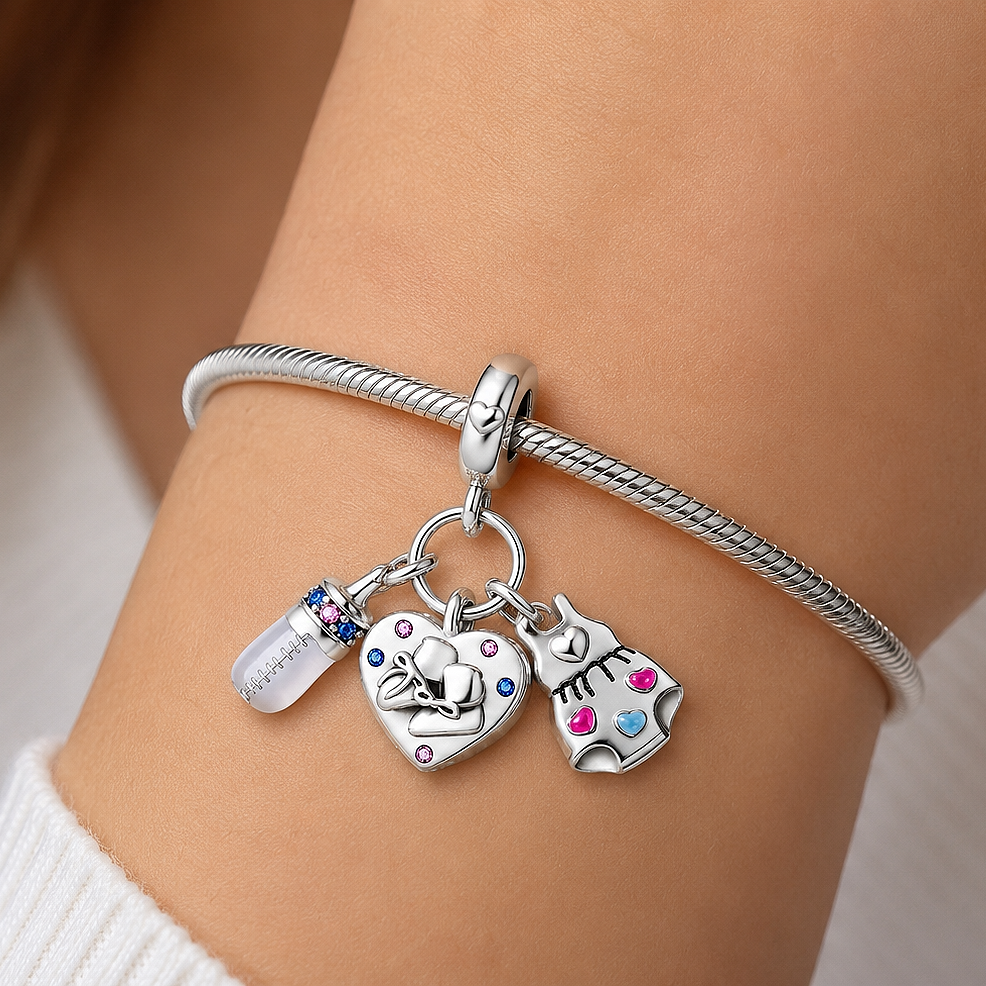 MariaFonte Bead Charm Cuore Scarpette Biberon Body Bambini  Argento 925 Zirconia Compatibile con Collane e Bracciali Pandora