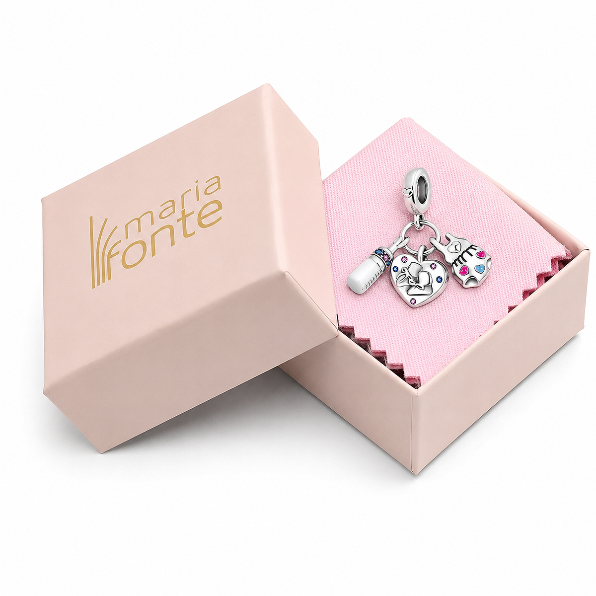 MariaFonte Bead Charm Cuore Scarpette Biberon Body Bambini  Argento 925 Zirconia Compatibile con Collane e Bracciali Pandora