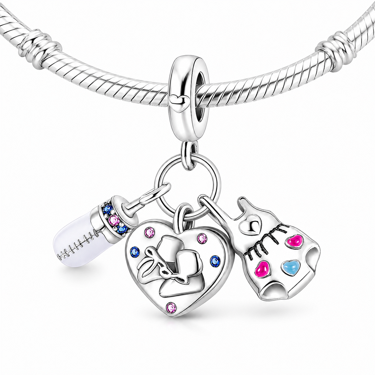 MariaFonte Bead Charm Cuore Scarpette Biberon Body Bambini  Argento 925 Zirconia Compatibile con Collane e Bracciali Pandora