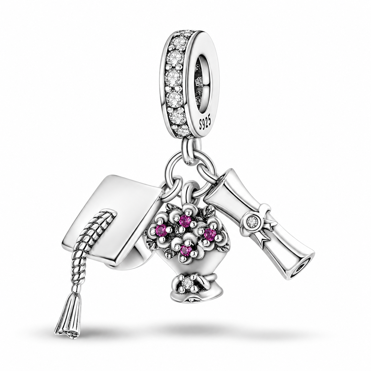 MariaFonte Charm Laurea Diploma Fiori Pergamena Portafortuna Argento 925 Zirconia Compatibile con Collane e Bracciali Pandora