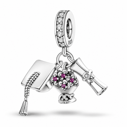 MariaFonte Charm Laurea Diploma Fiori Pergamena Portafortuna Argento 925 Zirconia Compatibile con Collane e Bracciali Pandora