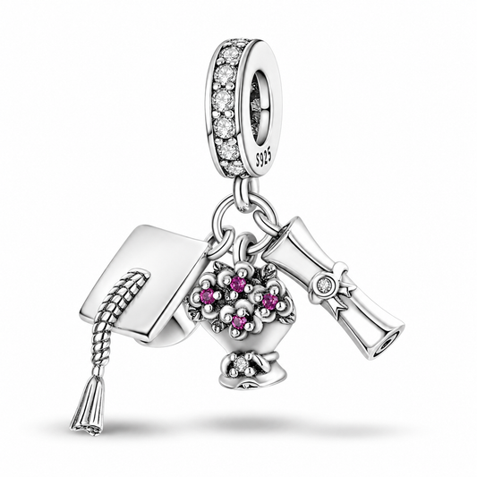 MariaFonte Charm Laurea Diploma Fiori Pergamena Portafortuna Argento 925 Zirconia Compatibile con Collane e Bracciali Pandora