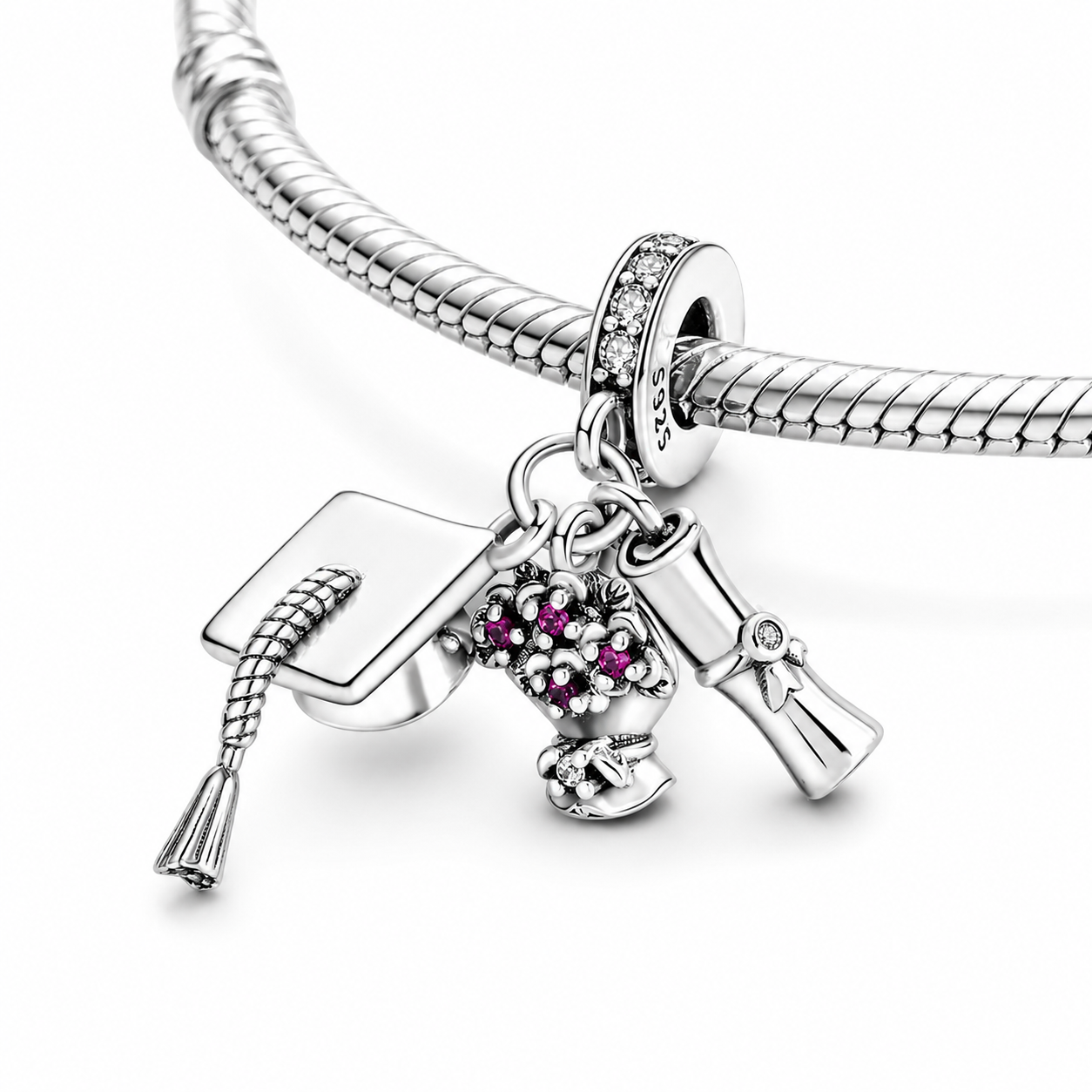 MariaFonte Charm Laurea Diploma Fiori Pergamena Portafortuna Argento 925 Zirconia Compatibile con Collane e Bracciali Pandora