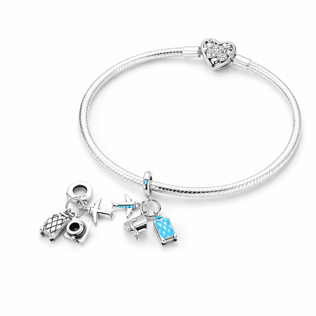 MariaFonte Charm Cappello Laurea Aereo e Valigia Trolley Argento Compatibile con Collane e Bracciali Pandora