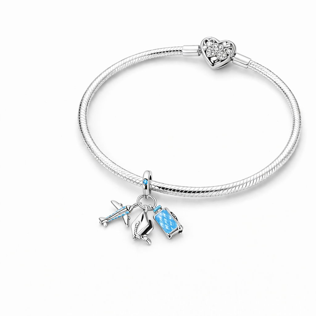 MariaFonte Charm Cappello Laurea Aereo e Valigia Trolley Argento Compatibile con Collane e Bracciali Pandora