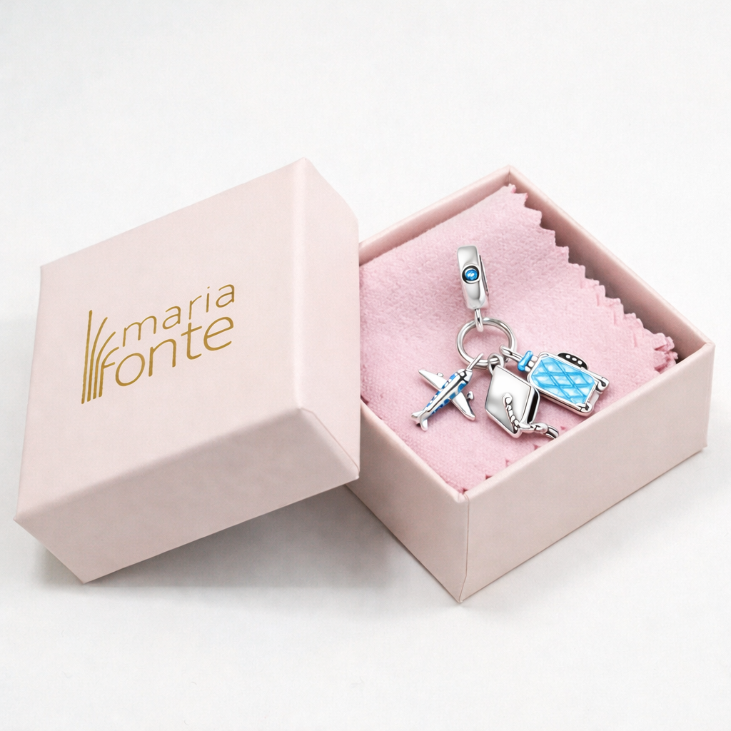 MariaFonte Charm Cappello Laurea Aereo e Valigia Trolley Argento Compatibile con Collane e Bracciali Pandora