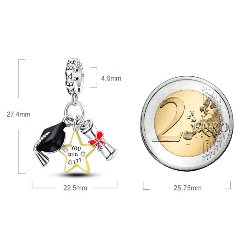 MariaFonte Charm Laurea Diploma Cappello Stella Pergamena Portafortuna Argento 925 Zirconia Compatibile con Collane e Bracciali Pandora