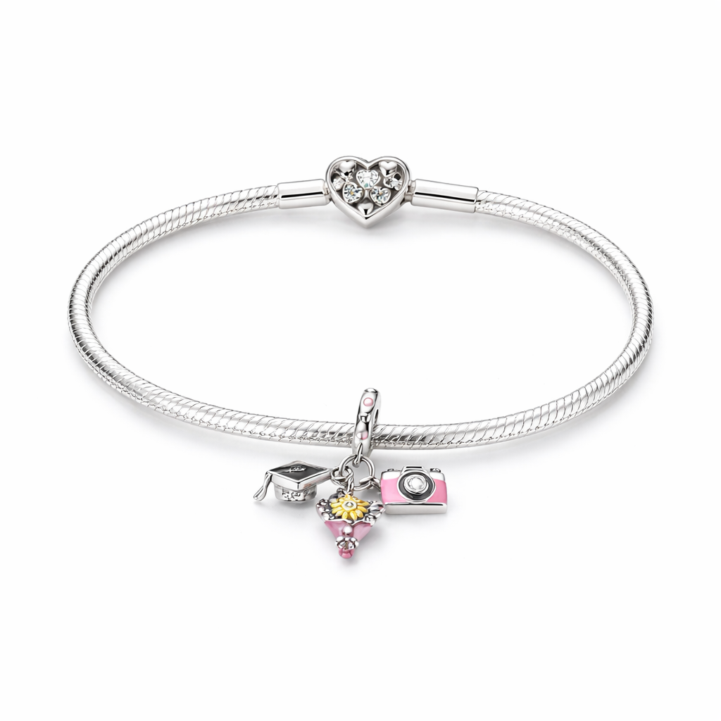 MariaFonte Charm Cappello Laurea Bouquet con Girasole e Macchina Fotografica "Capture Life" Argento Compatibile con Collane e Bracciali Pandora