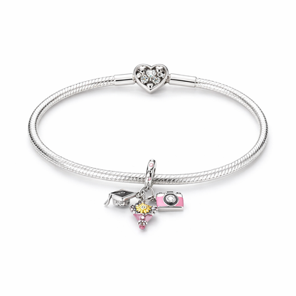 MariaFonte Charm Cappello Laurea Bouquet con Girasole e Macchina Fotografica "Capture Life" Argento Compatibile con Collane e Bracciali Pandora