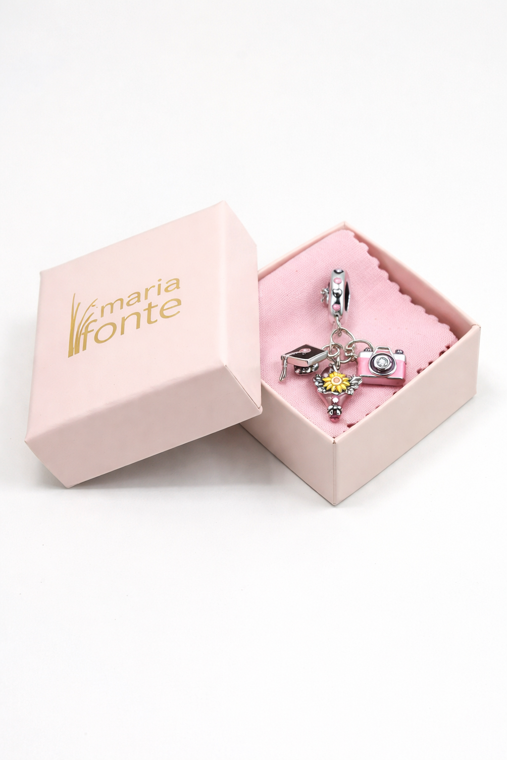 MariaFonte Charm Cappello Laurea Bouquet con Girasole e Macchina Fotografica "Capture Life" Argento Compatibile con Collane e Bracciali Pandora