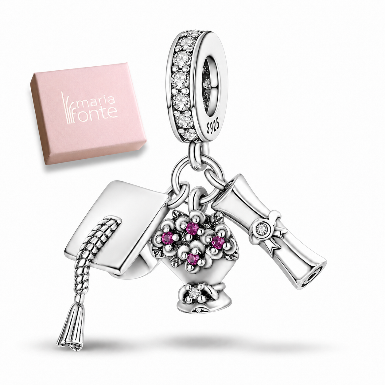 MariaFonte Charm Laurea Diploma Fiori Pergamena Portafortuna Argento 925 Zirconia Compatibile con Collane e Bracciali Pandora