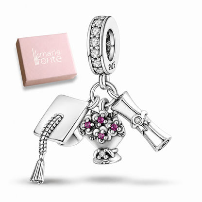 MariaFonte Charm Laurea Diploma Fiori Pergamena Portafortuna Argento 925 Zirconia Compatibile con Collane e Bracciali Pandora